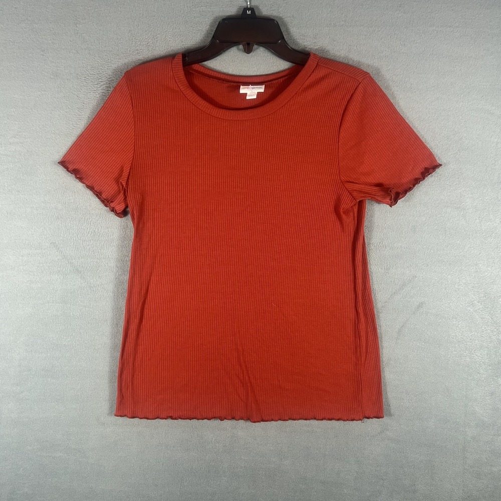LuLaRoe Women's M Medium Ribbed Lettuce Hem Short‎ Sleeve T-Shirt Top Burnt